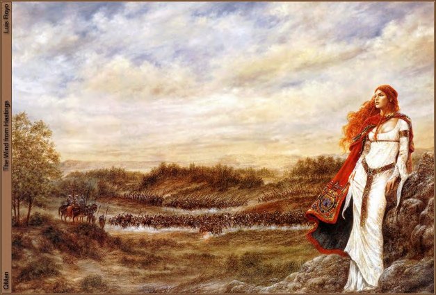 The Wind from Hastings, by Luis Royo. A Celtic Woman or Goddess looks on as the Battle forms 1066 AD