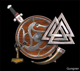 Sword, shield and horn marked with Tyr rune in the ancient way of the warrior
