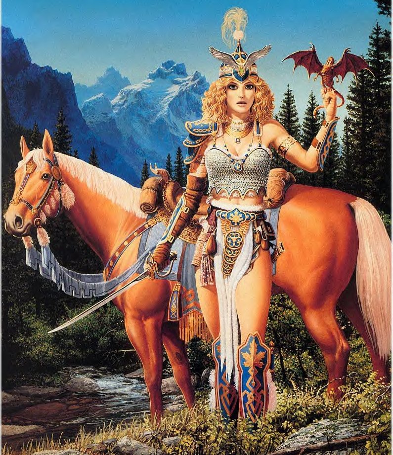 Valshea, by Keith Parkinson. A sort of North American Valkyrie Goddess Warrioress whose symbol is the Mapleleaf