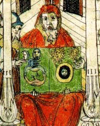 Hermes Trismegistus holding book of knowledge illustrating Emerald Tablet's famous line, As above, So below