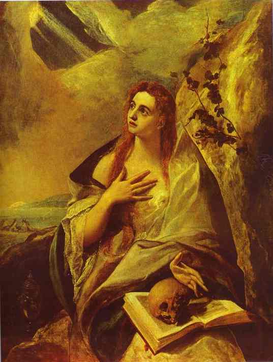 Mary Magdalene by El Greco, note book and skull, her symbols