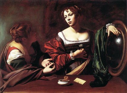 Mary Magdalene by Caravaggio, 1598. Notice her magic mirror