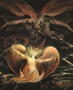 The Dragon tries to get the pregnant Woman of Revelation 12, by William Blake