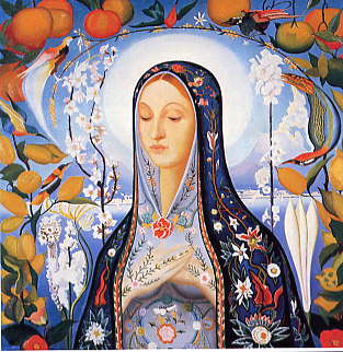 Joseph Stella The Virgin with esoteric symbolism roses birds Goddess