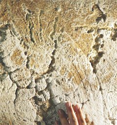 Hand of excavation team member next to carving of John the Baptist hand on cave wall