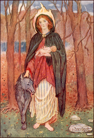 Brigit Bride Brigid Saint Bridget with Infant and Wolf companion