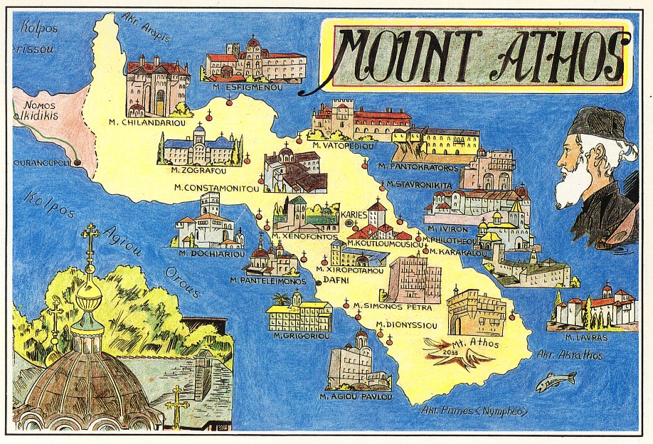 Mount Athos Postcard Showing all her many ancient monasteries